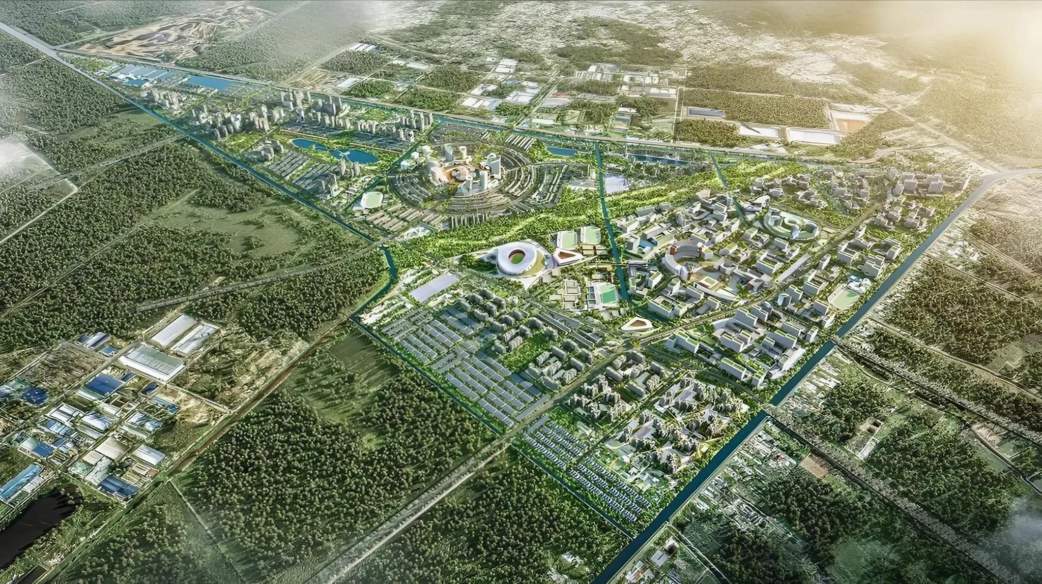 Hình ảnh minh họa cảnh quan đô thị Vinhomes Saigon Park Hóc Môn với hồ trung tâm, công viên xanh và đại lộ.