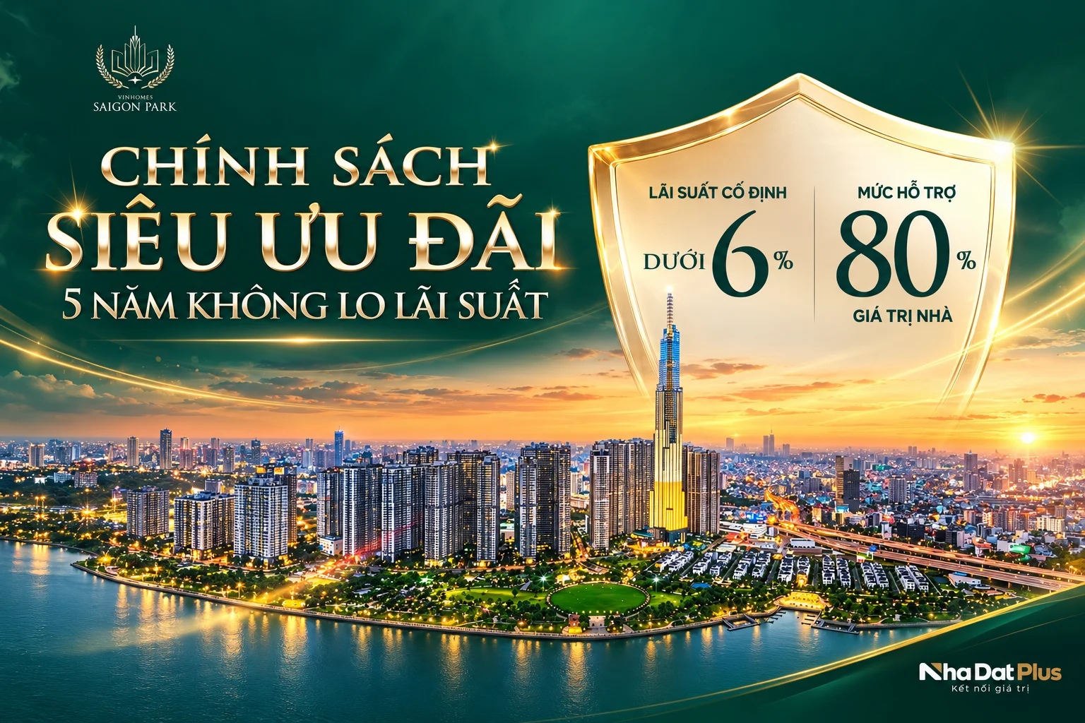 Banner chính sách ưu đãi Vinhomes Saigon Park Hóc Môn giới thiệu lãi suất dưới 6%, hỗ trợ 80% giá trị nhà và chương trình ưu đãi 5 năm.