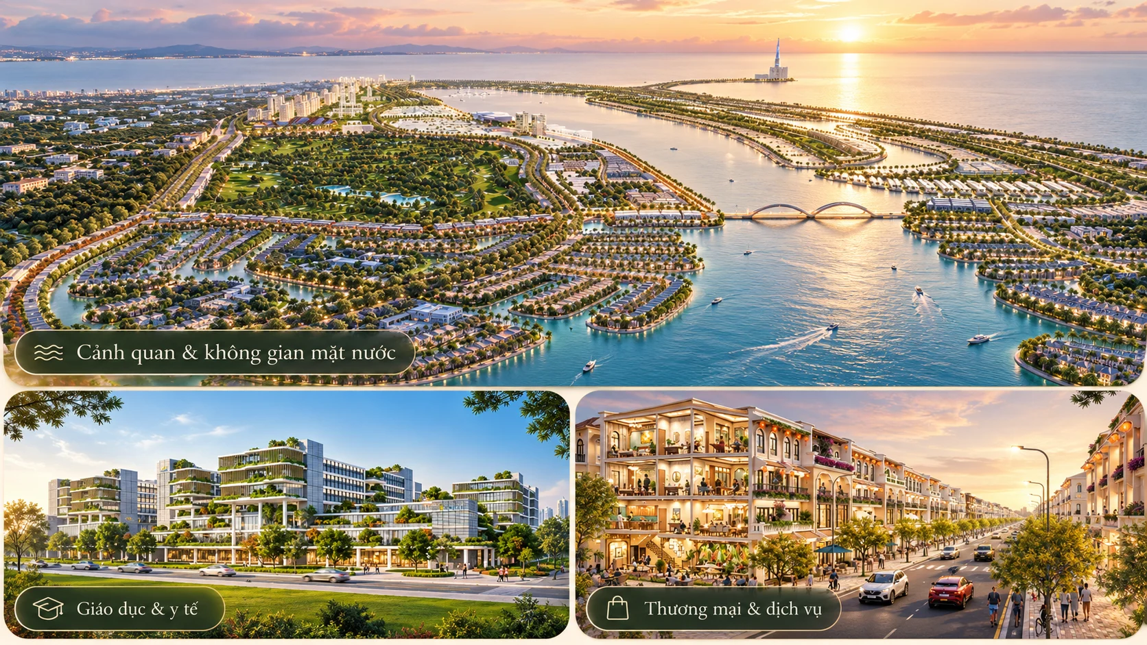 Phối cảnh tiện ích Vinhomes Green Paradise Cần Giờ gồm cảnh quan mặt nước, cơ sở y tế và khu thương mại dịch vụ