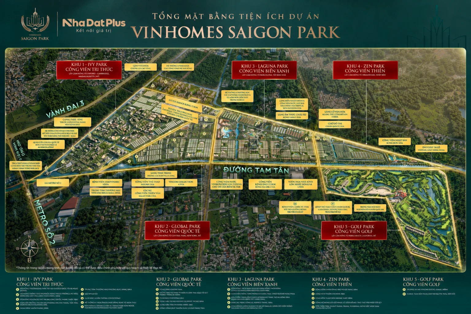 Tổng mặt bằng tiện ích Vinhomes Saigon Park Hóc Môn thể hiện 5 phân khu Ivy Park, Global Park, Laguna Park, Zen Park và Golf Park.