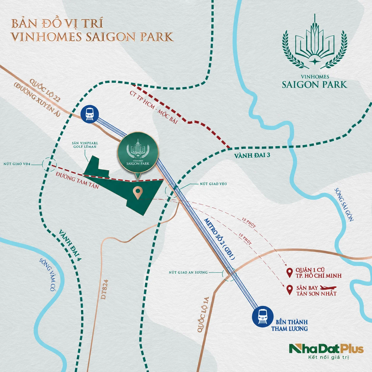 Bản đồ vị trí dự án Vinhomes Saigon Park Hóc Môn tại Tây Bắc TP.HCM, kết nối Quốc lộ 22, Vành đai 3 và Vành đai 4.